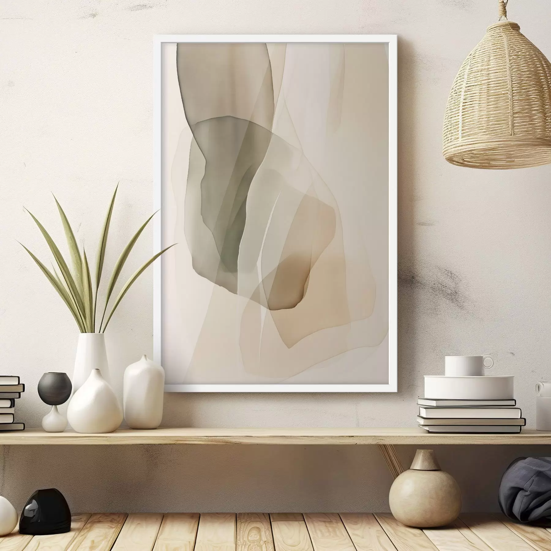 Papier peint Des formes abstraites, fluides et translucides, dans des tons discrets de beige, de crème et de vert olive f50205