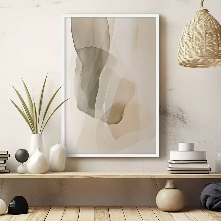 Papier peint Des formes abstraites, fluides et translucides, dans des tons discrets de beige, de crème et de vert olive f50205