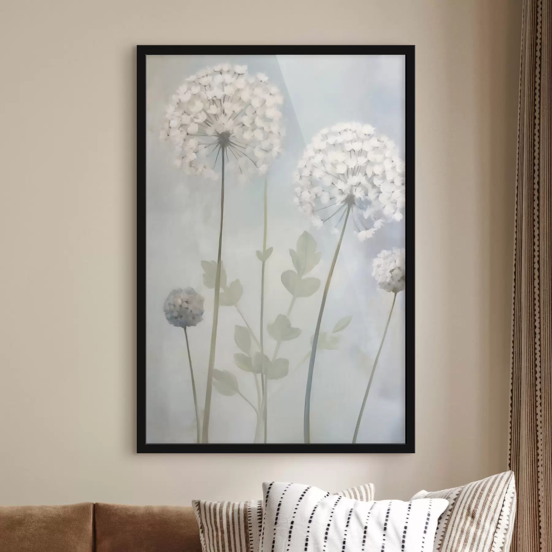 Papier peint Des pissenlits blancs aux feuilles vertes sur un fond bleu pâle et blanc f50212