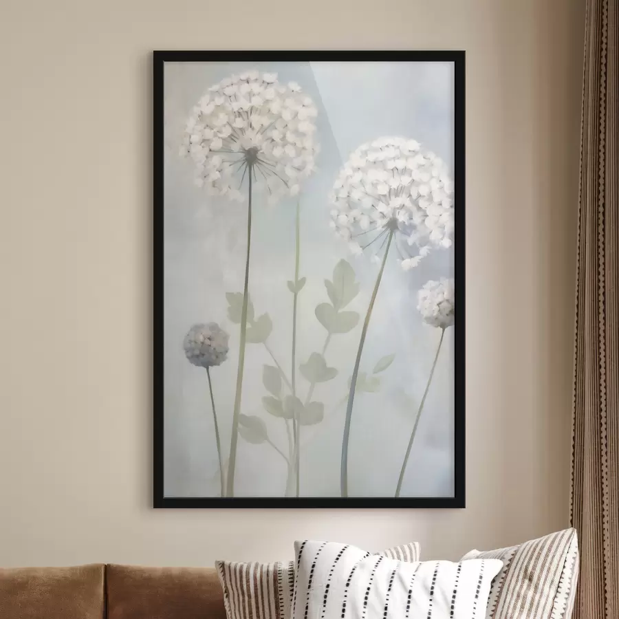 Papier peint Des pissenlits blancs aux feuilles vertes sur un fond bleu pâle et blanc f50212
