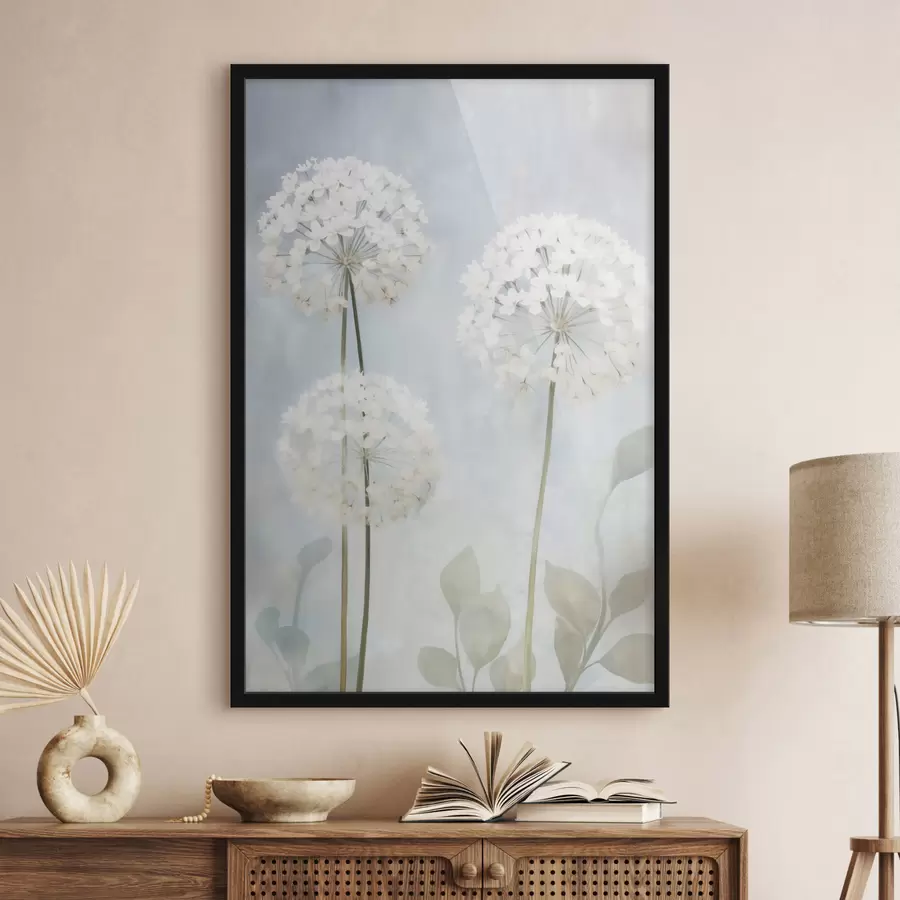 Papier peint Des pissenlits blancs aux feuilles vertes sur un fond bleu pâle et blanc f50213