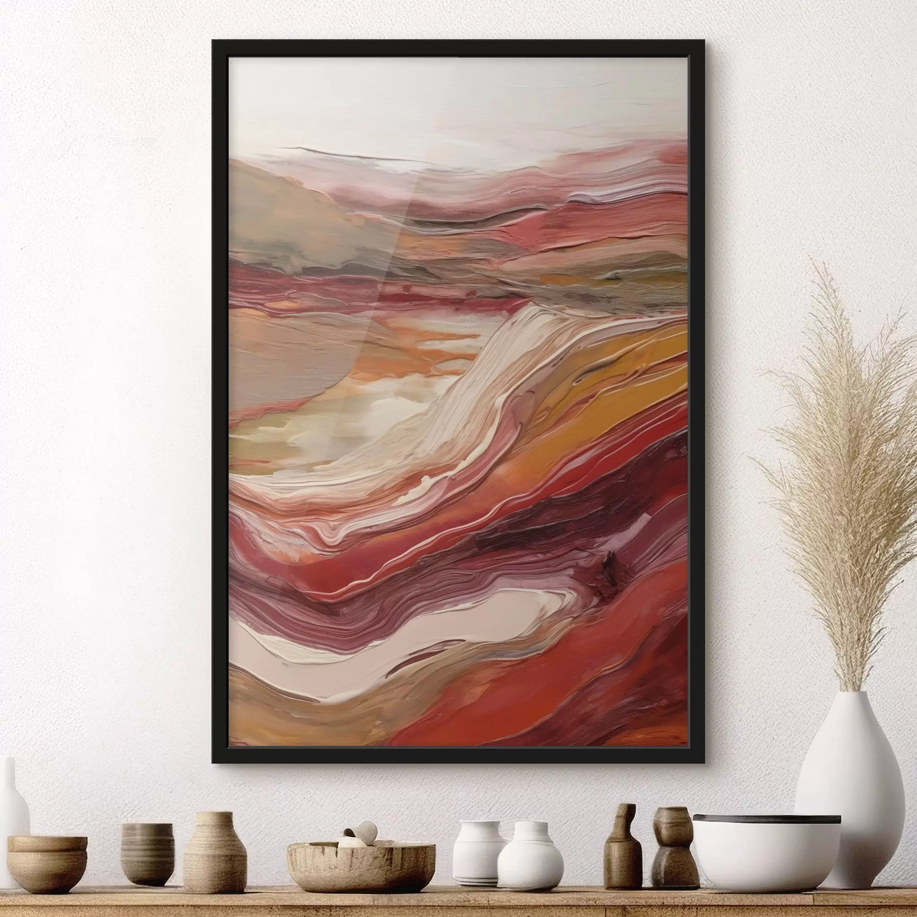 Papier peint Paysage abstrait composé de couches texturées de rouge, d'orange et de beige f50216