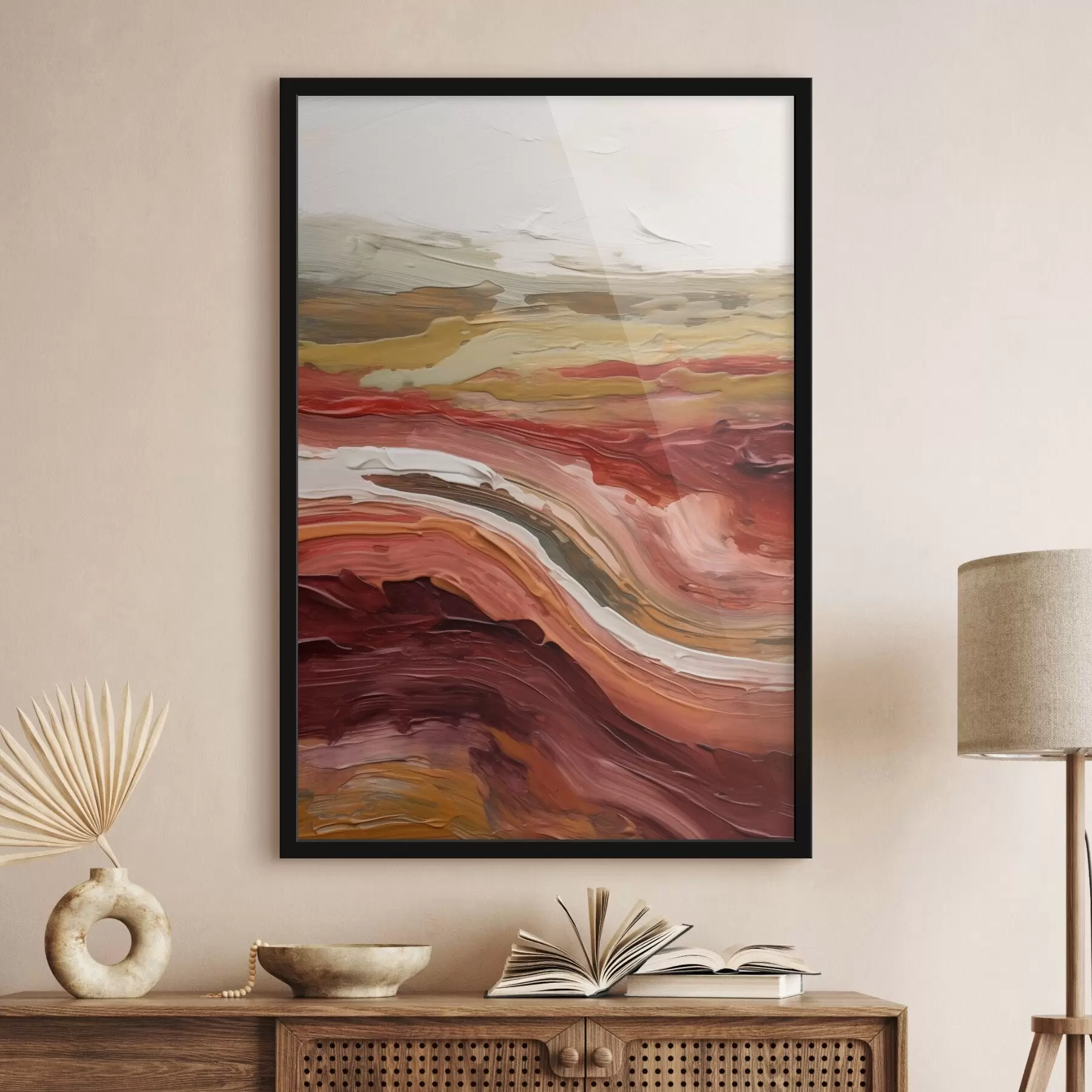 Papier peint Paysage abstrait composé de couches texturées de rouge, d'orange et de beige f50217