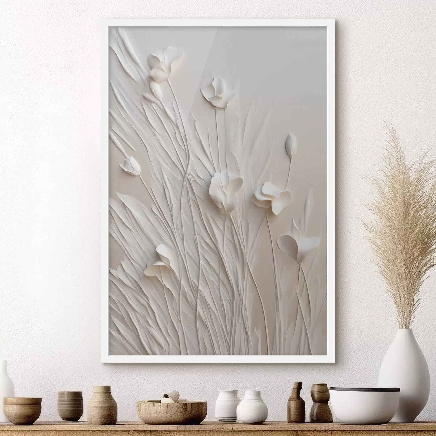 Papier peint Des fleurs blanches et de l'herbe sur un fond pêche clair, illustration minimaliste f50226