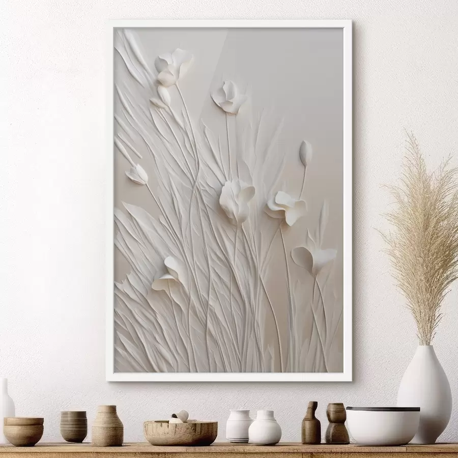 Papier peint Des fleurs blanches et de l'herbe sur un fond pêche clair, illustration minimaliste f50226