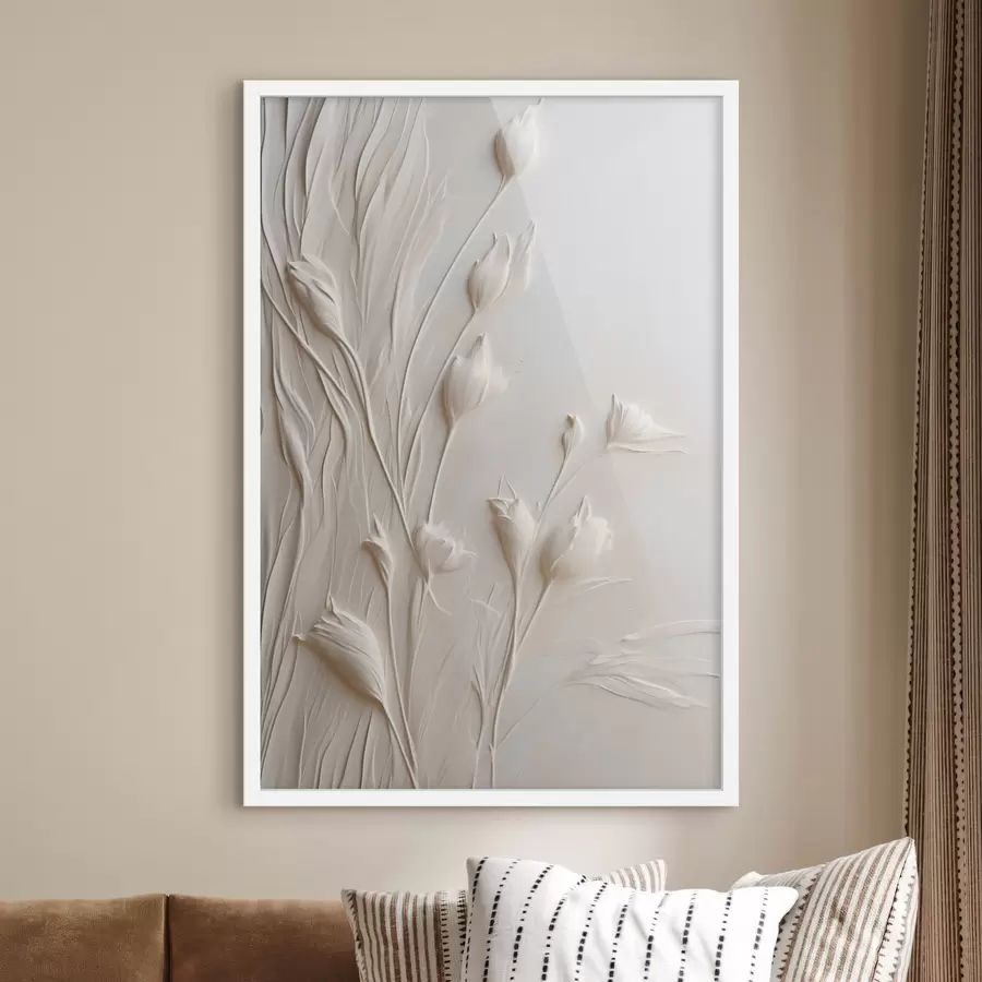 Papier peint Des fleurs blanches et de l'herbe sur un fond pêche clair, illustration minimaliste f50227