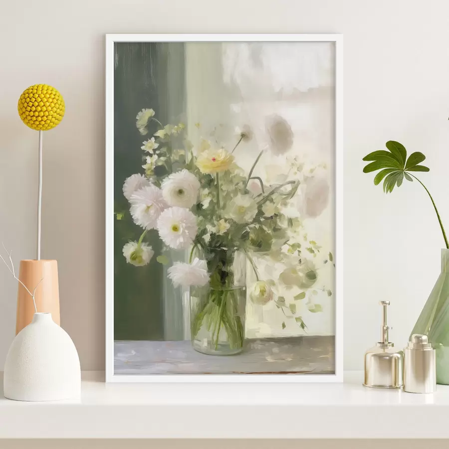 Papier peint Un bouquet de fleurs blanches et roses dans un vase en verre, avec une fenêtre en arrière-plan f50229