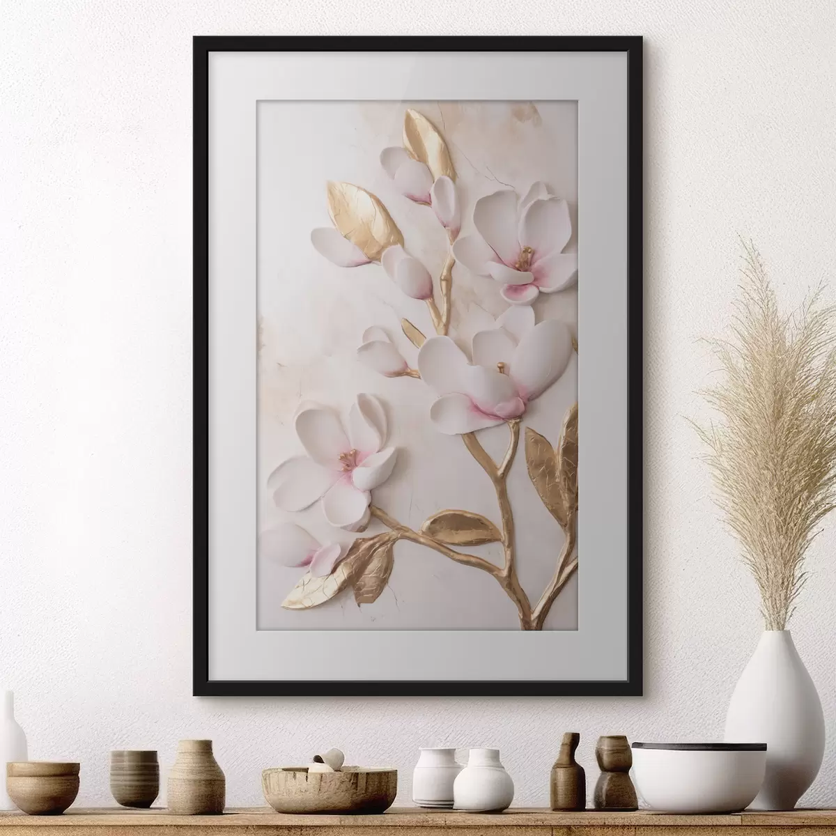 Poster Fleurs de magnolia d'un rose délicat, texturées, rehaussées de touches jaunes f50230