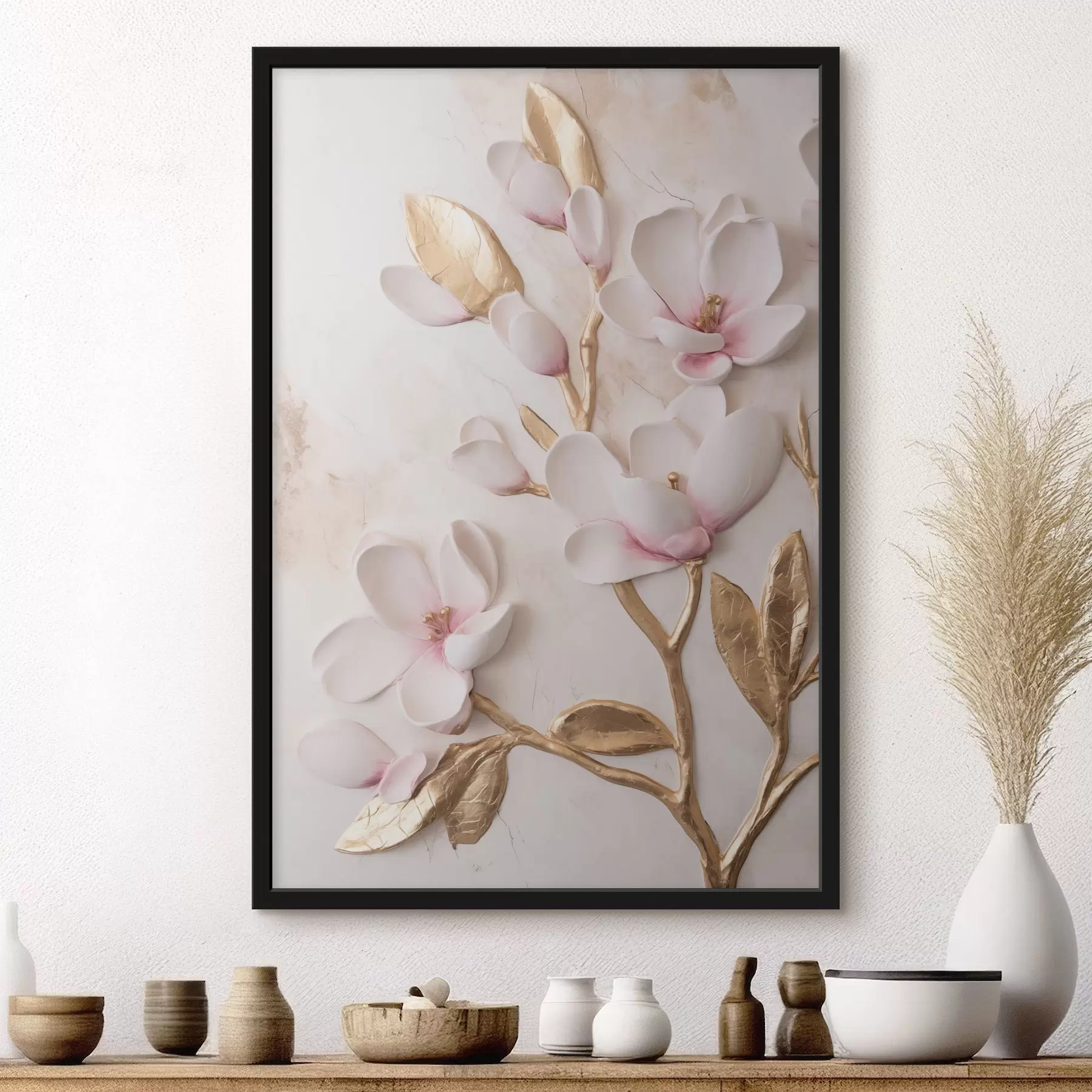 Papier peint Fleurs de magnolia d'un rose délicat, texturées, rehaussées de touches jaunes f50230