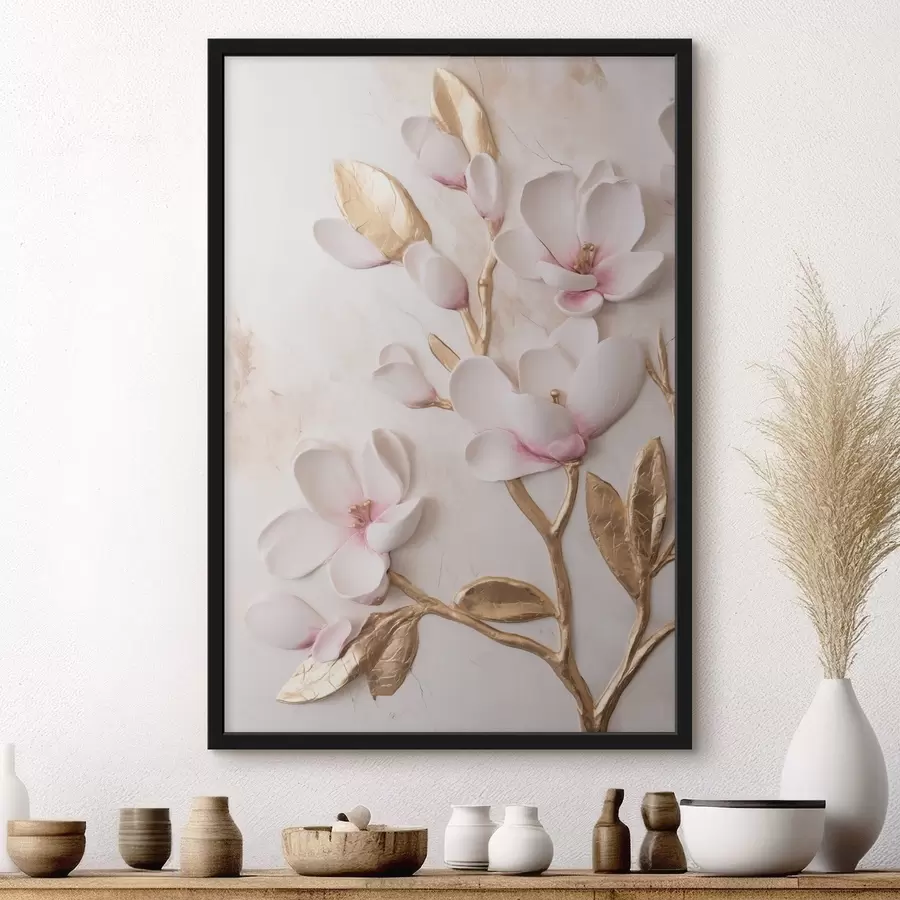 Papier peint Fleurs de magnolia d'un rose délicat, texturées, rehaussées de touches jaunes f50230