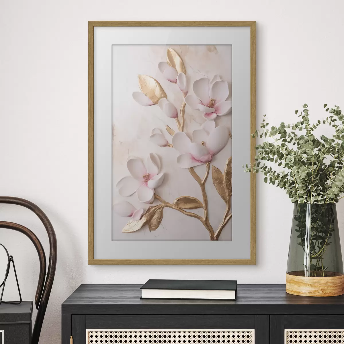 Poster Fleurs de magnolia d'un rose délicat, texturées, rehaussées de touches jaunes f50230