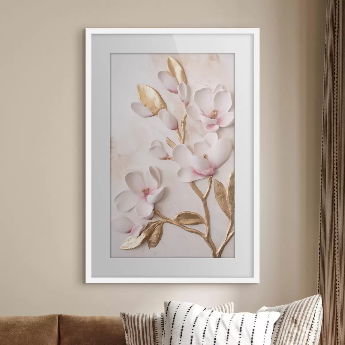 Poster Fleurs de magnolia d'un rose délicat, texturées, rehaussées de touches jaunes f50230