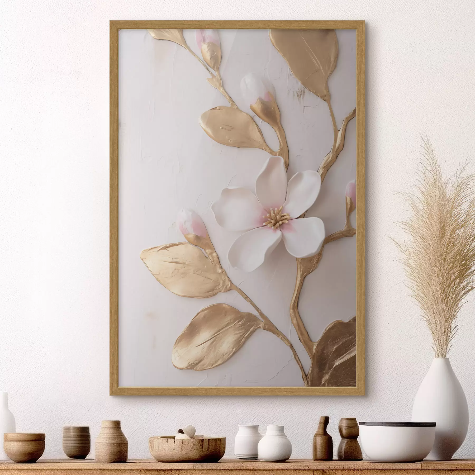 Papier peint Fleurs de magnolia d'un rose délicat, texturées, rehaussées de touches jaunes f50231