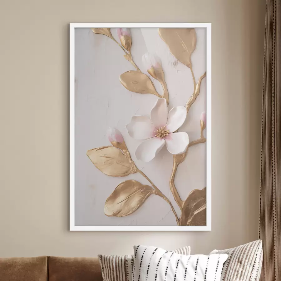 Papier peint Fleurs de magnolia d'un rose délicat, texturées, rehaussées de touches jaunes f50231