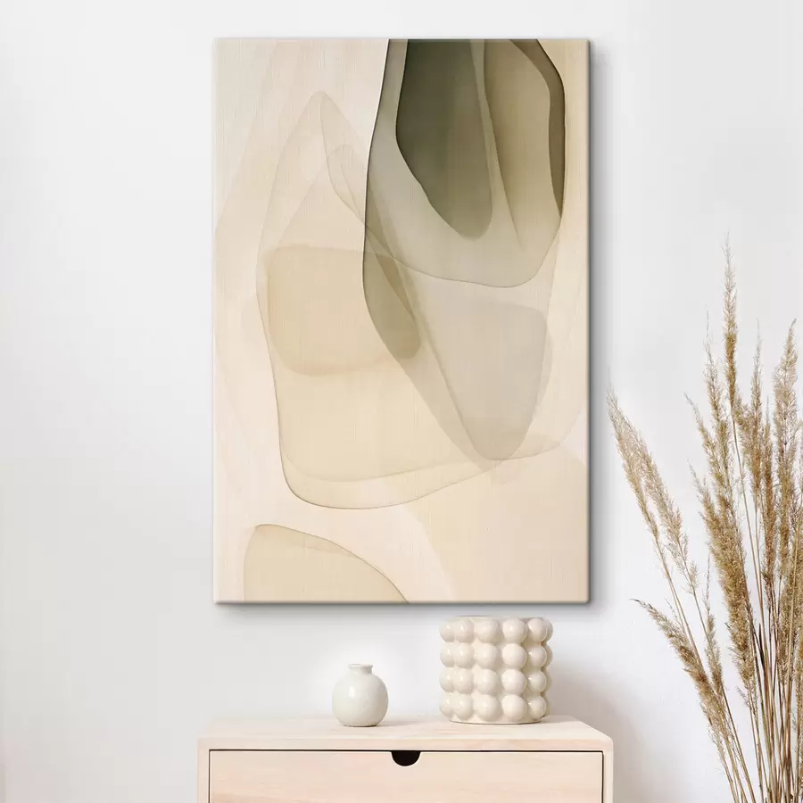 Tableau Des formes abstraites, fluides et translucides, dans des tons discrets de beige, de crème et de vert olive s50204