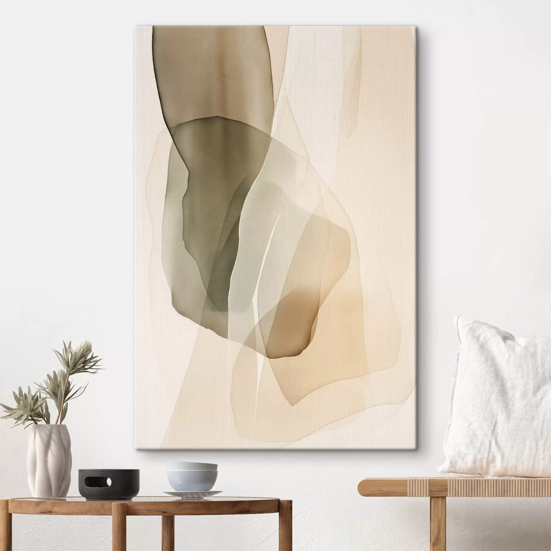Tableau Des formes abstraites, fluides et translucides, dans des tons discrets de beige, de crème et de vert olive s50205