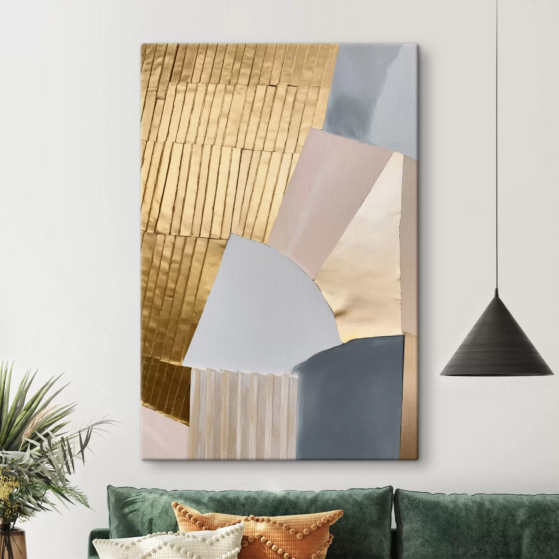 Tableau Formes géométriques abstraites aux textures jaunes, rose pâle et grises s50220