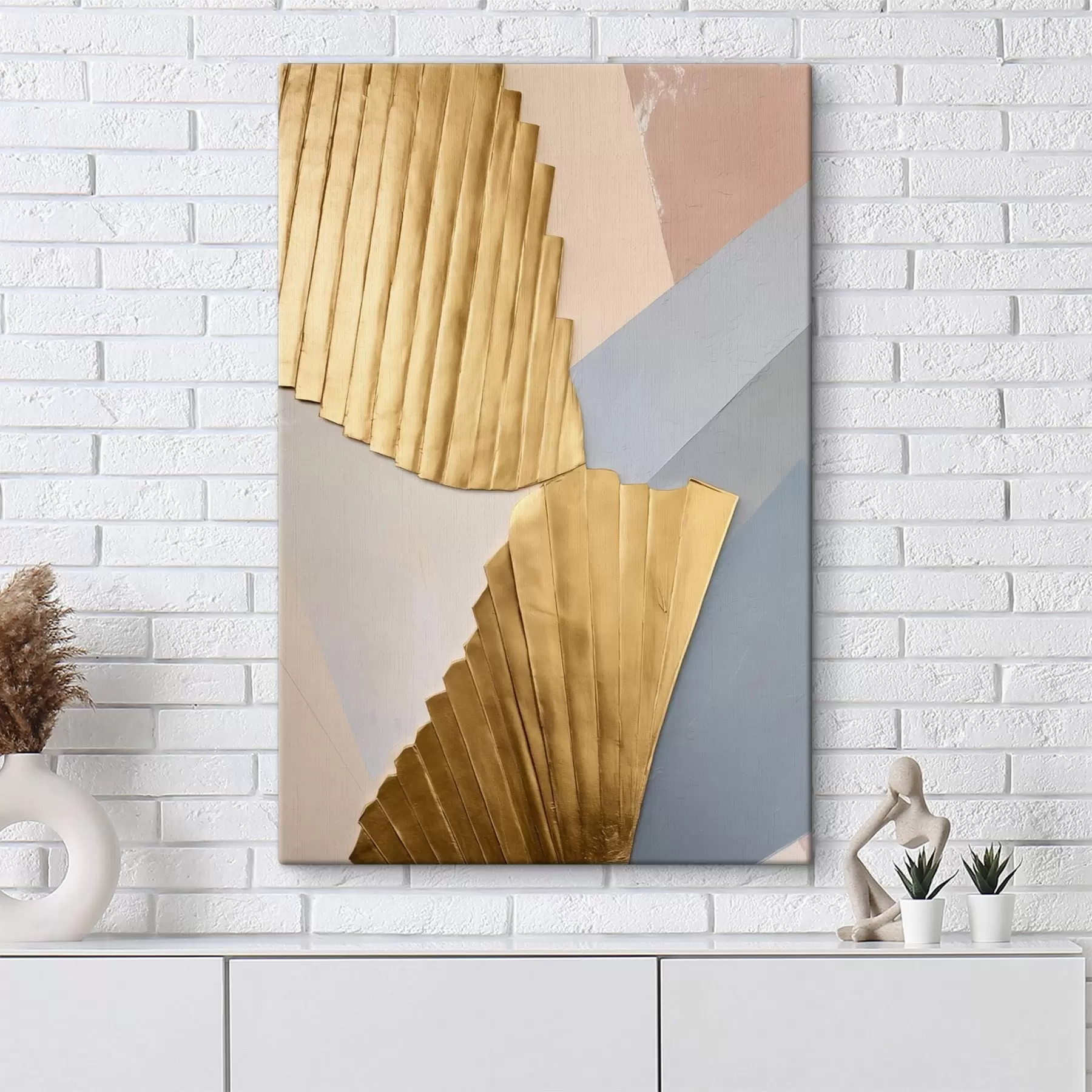 Tableau Formes géométriques abstraites aux textures jaunes, rose pâle et grises s50221