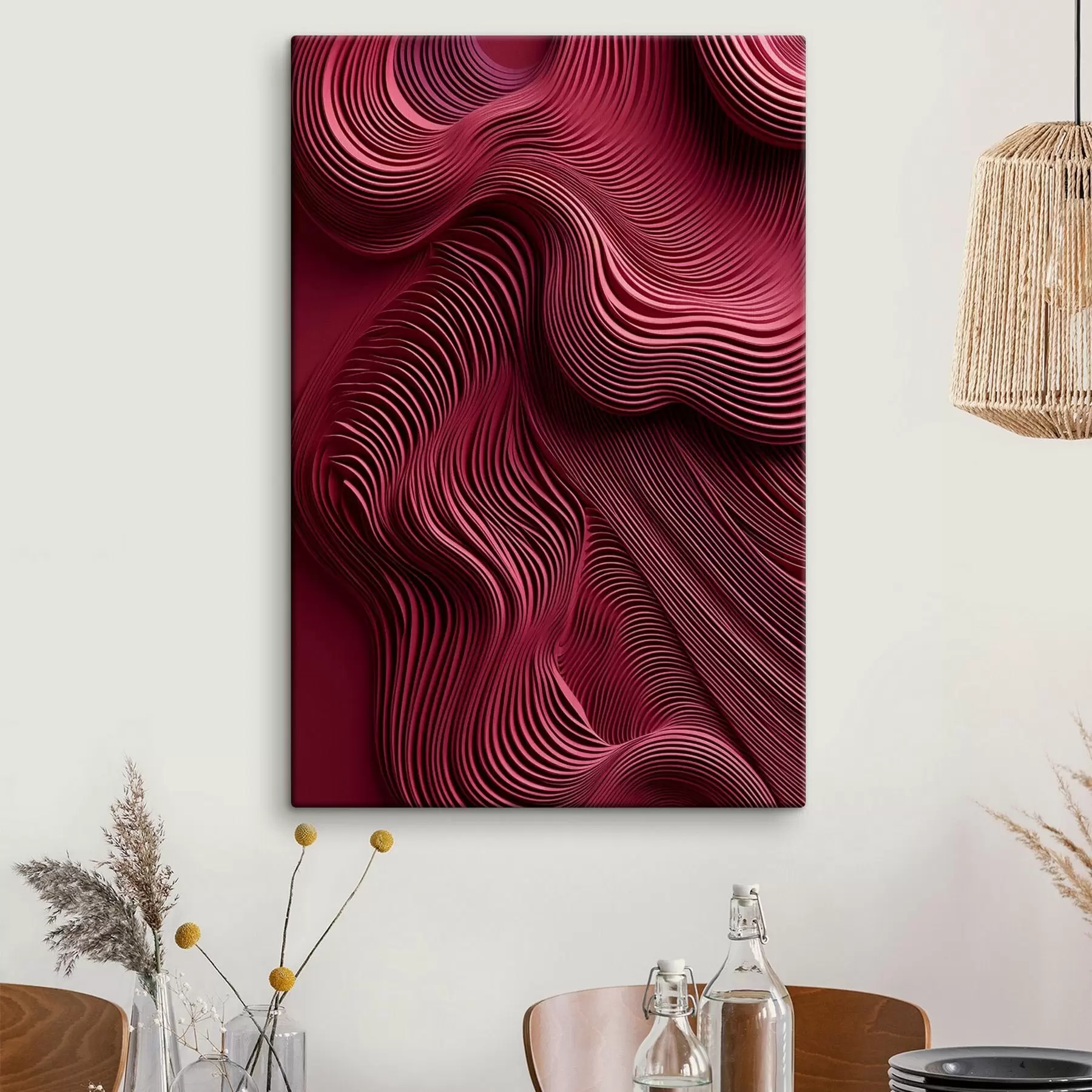 Tableau Rouge foncé, textures abstraites lisses, ondulées et superposées, art moderne s50223