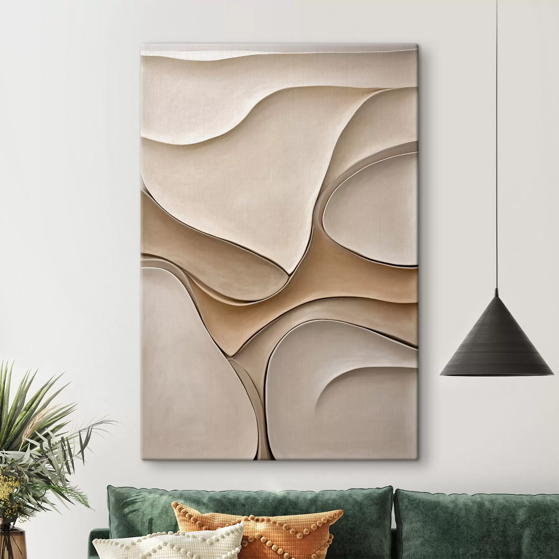 Tableau Des formes abstraites, fluides et organiques, dans des tons neutres de beige et de crème, une œuvre d'art texturée s50225