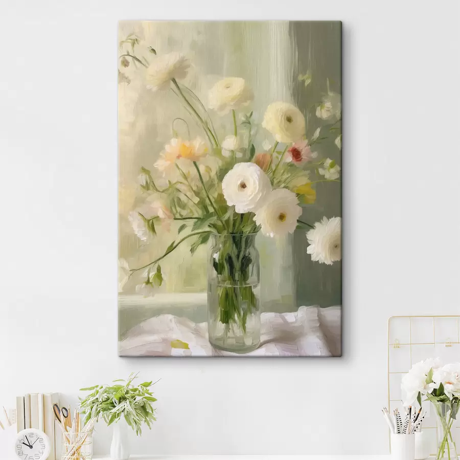 Tableau Un bouquet de fleurs blanches et roses dans un vase en verre, avec une fenêtre en arrière-plan s50228