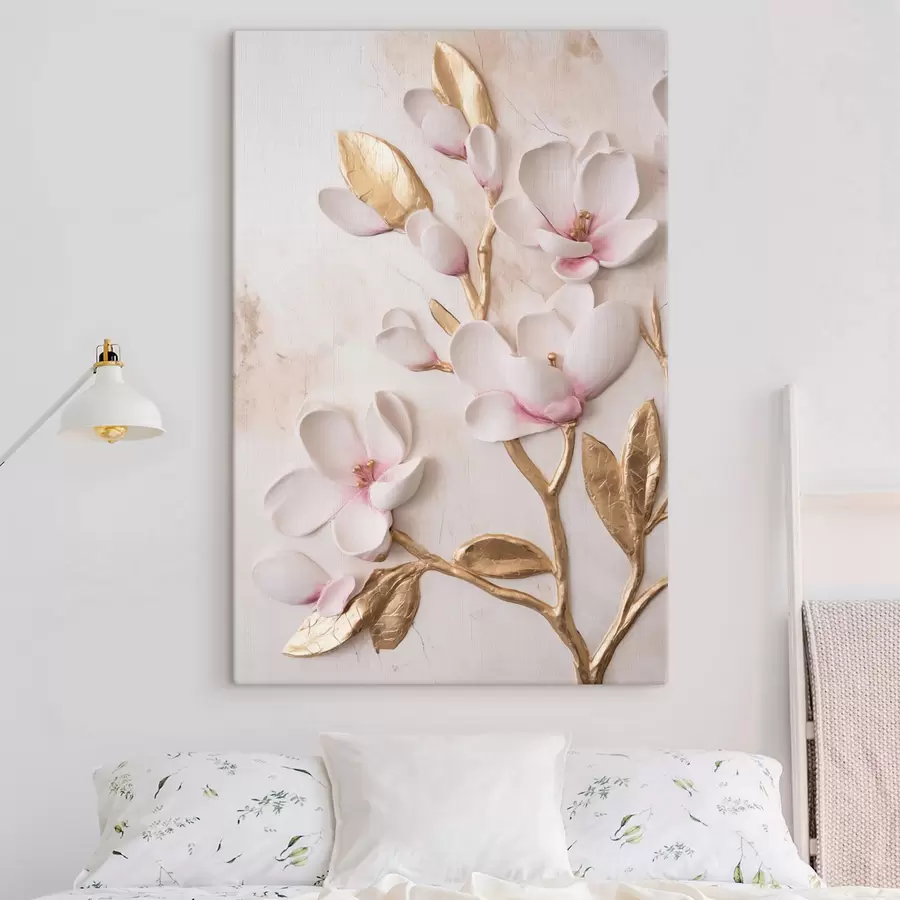 Tableau Fleurs de magnolia d'un rose délicat, texturées, rehaussées de touches jaunes s50230