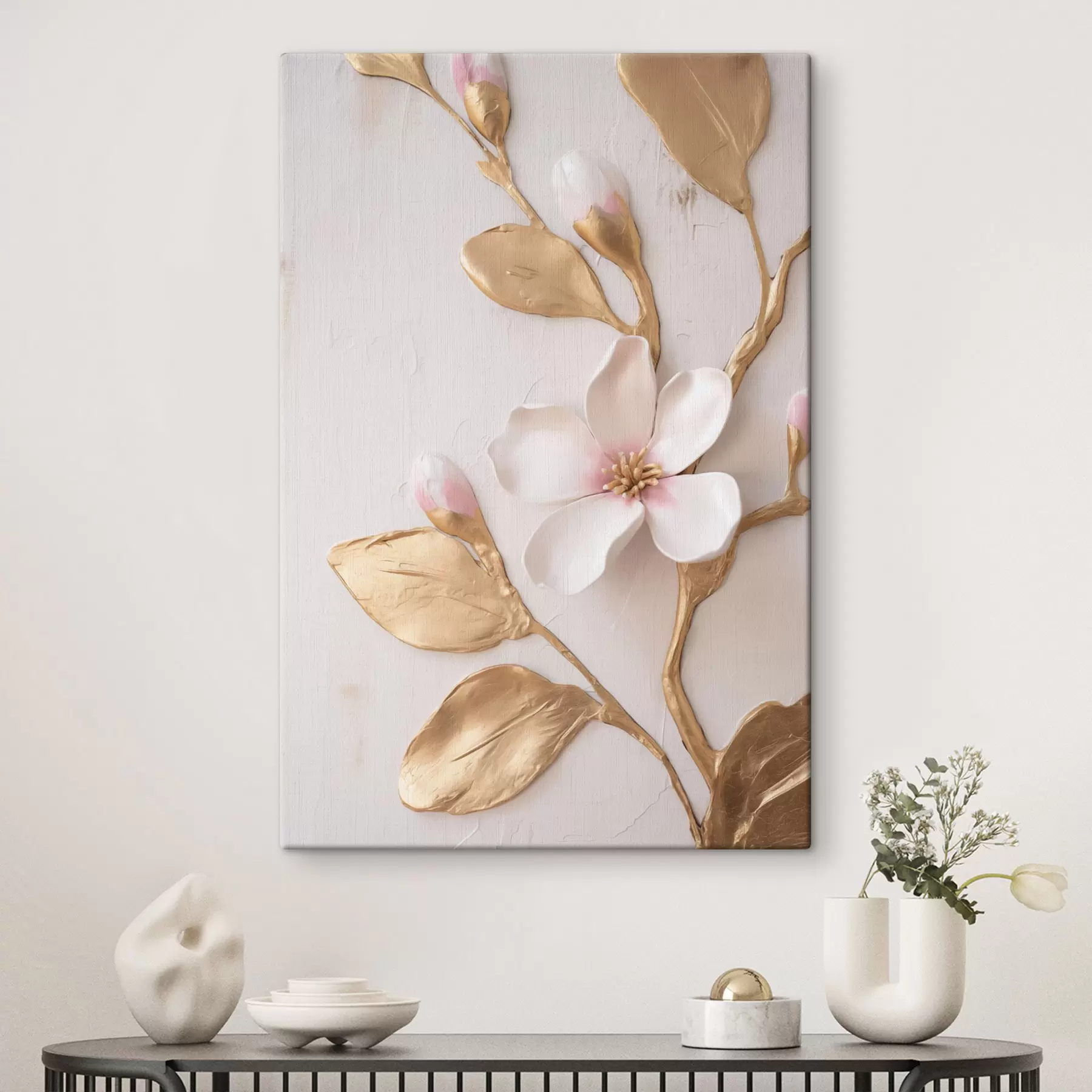 Tableau Fleurs de magnolia d'un rose délicat, texturées, rehaussées de touches jaunes s50231
