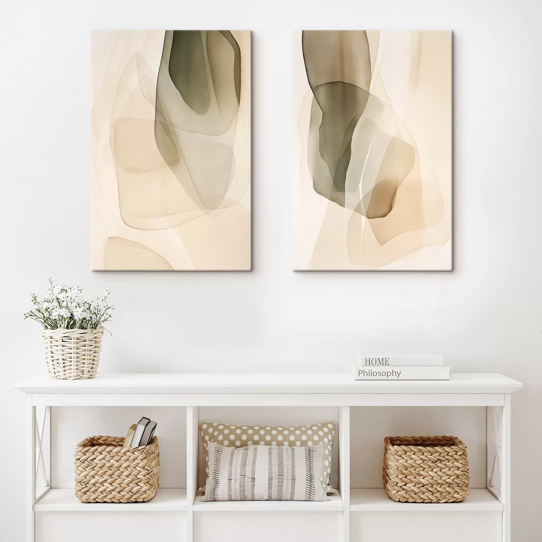 Tableau Des formes abstraites, fluides et translucides, dans des tons discrets de beige, de crème et de vert olive m30835