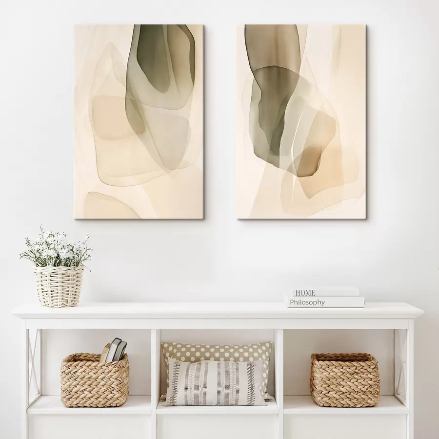 Tableau Des formes abstraites, fluides et translucides, dans des tons discrets de beige, de crème et de vert olive m30835