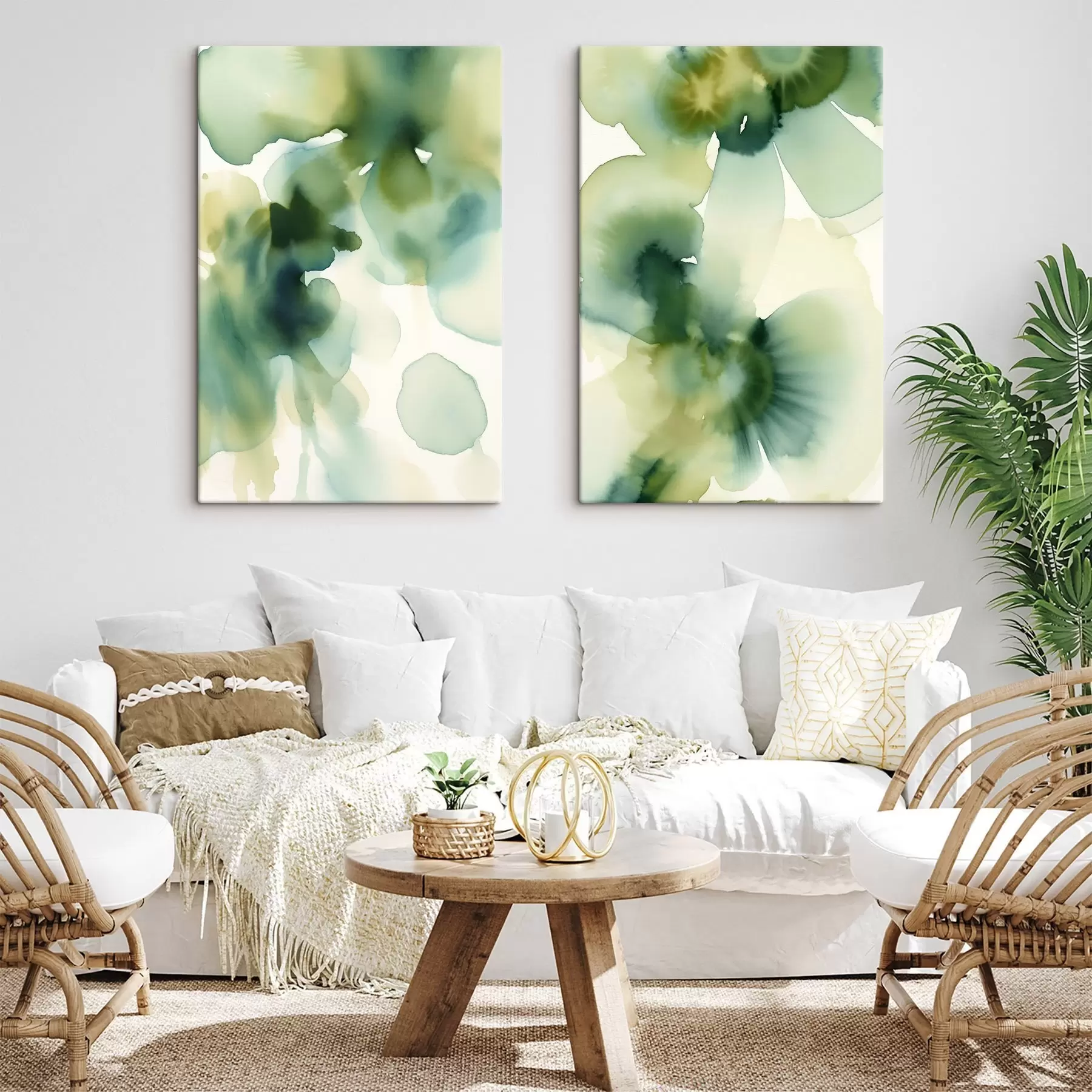Tableau Peinture à l'aquarelle de style abstrait, aux formes fluides dans des nuances de vert m30836