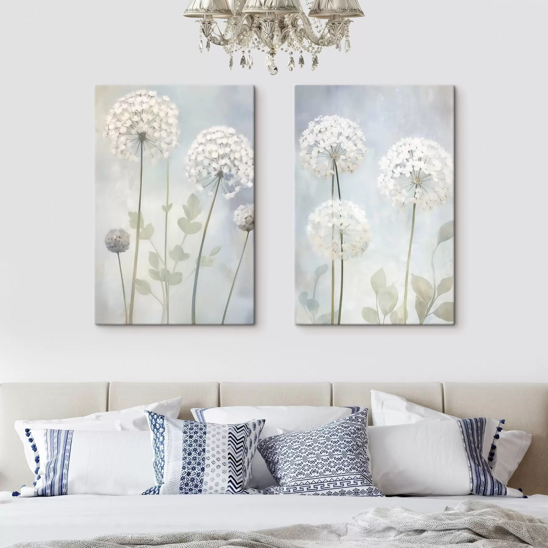Tableau Des pissenlits blancs aux feuilles vertes sur un fond bleu pâle et blanc m30839