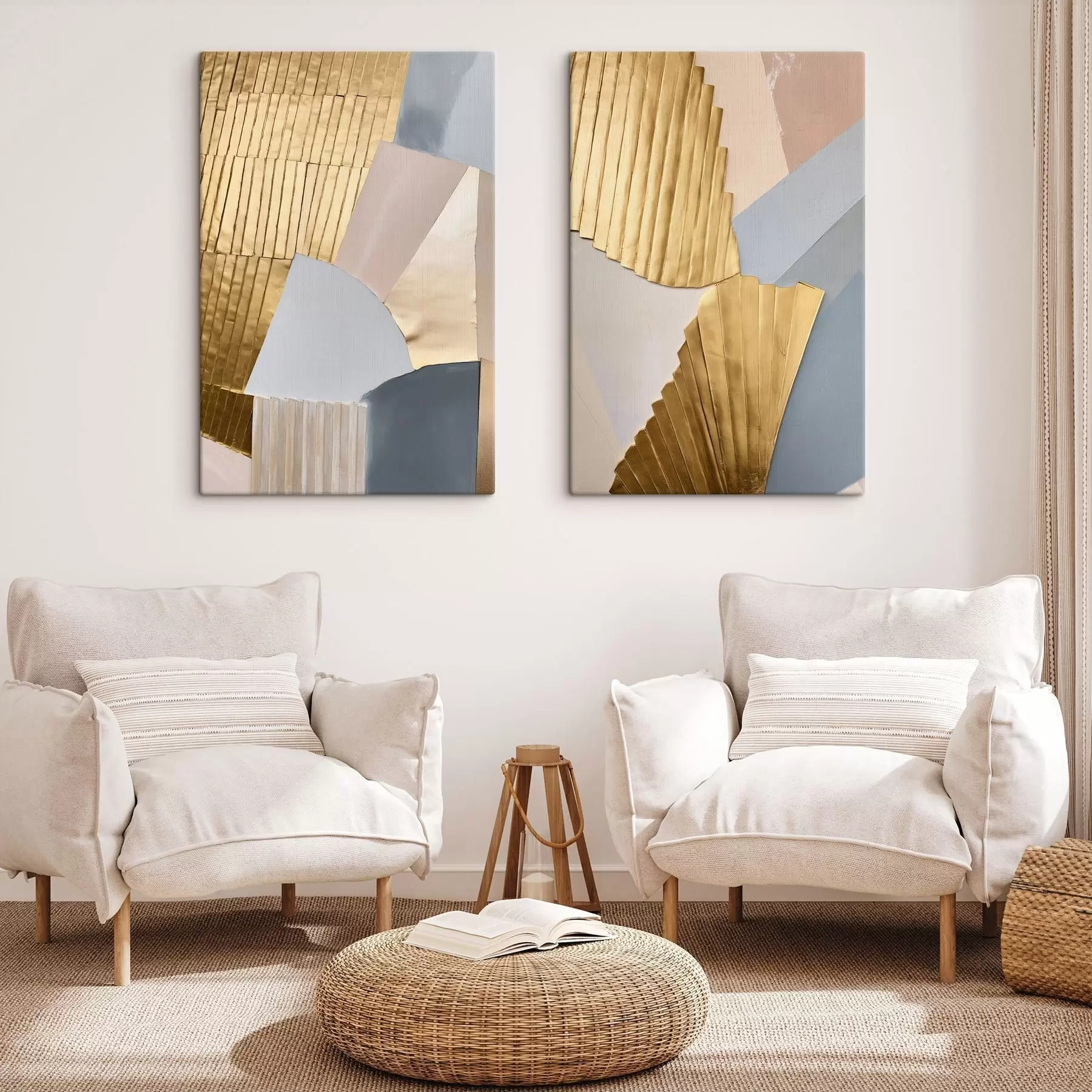 Tableau Formes géométriques abstraites aux textures jaunes, rose pâle et grises m30843