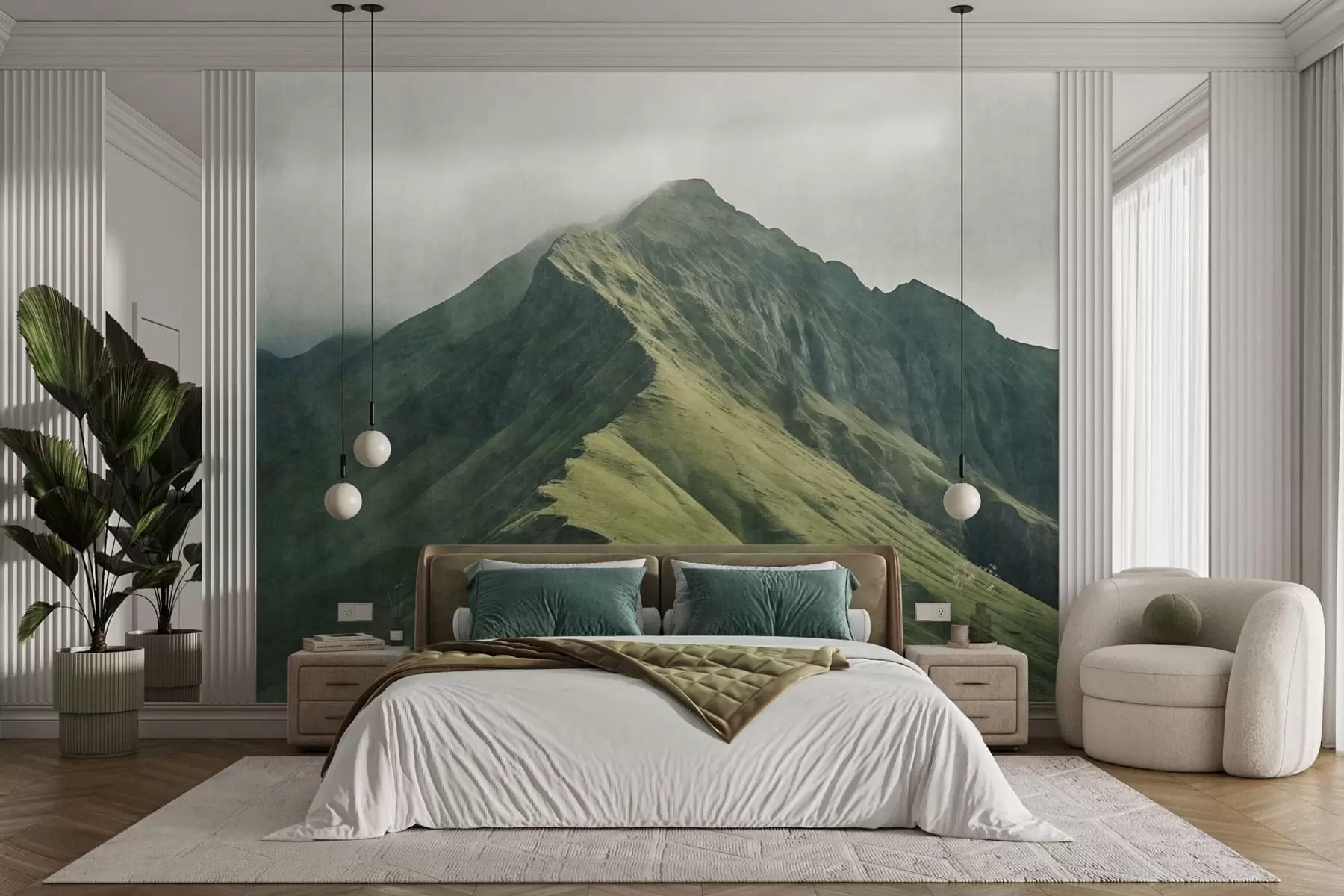 Papier peint Une montagne de malachite aux pentes verdoyantes, dont le sommet est enveloppé d'une brume légère w05820