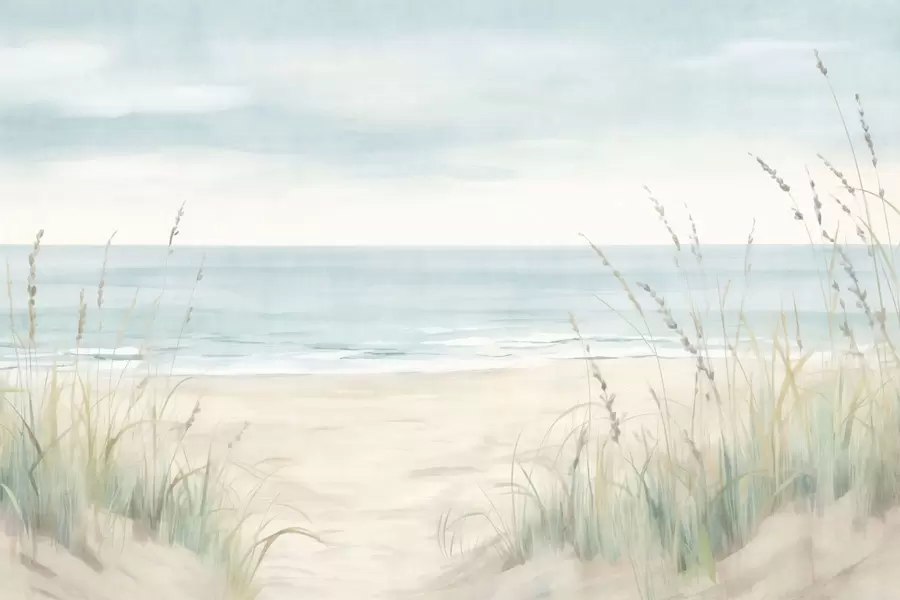 Papier peint Du sable parsemé de coquillages, une plage au relief doux et des herbes aux teintes pastel délicates w05821