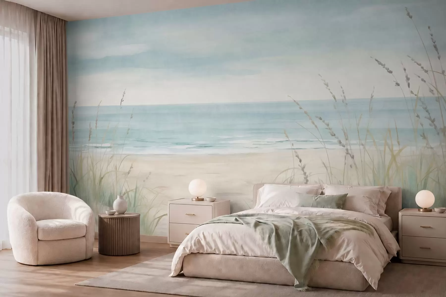 Papier peint Du sable parsemé de coquillages, une plage au relief doux et des herbes aux teintes pastel délicates w05821