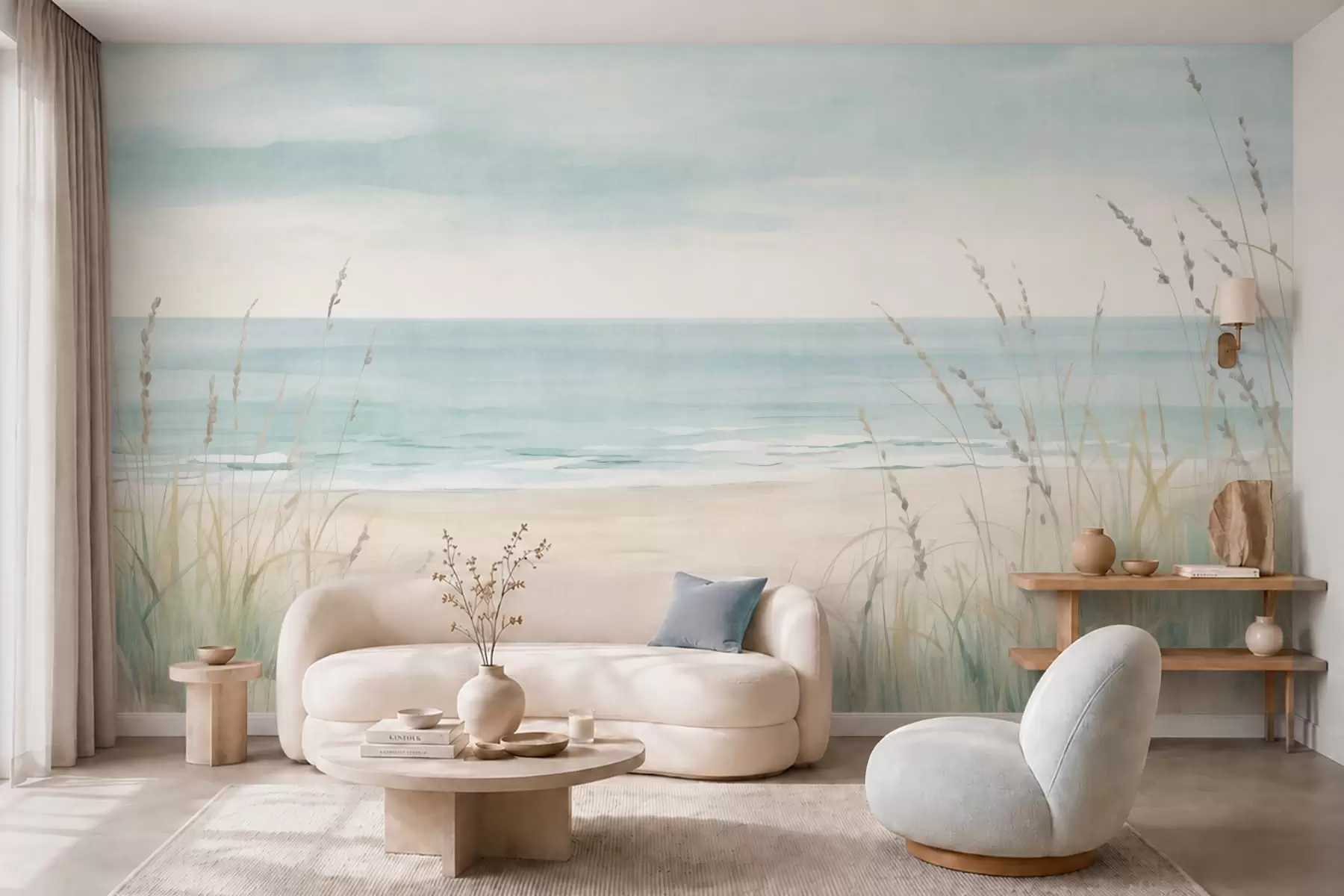 Papier peint Du sable parsemé de coquillages, une plage au relief doux et des herbes aux teintes pastel délicates w05821
