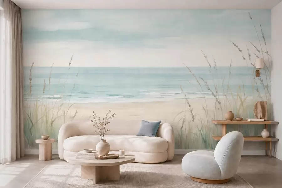 Papier peint Du sable parsemé de coquillages, une plage au relief doux et des herbes aux teintes pastel délicates w05821
