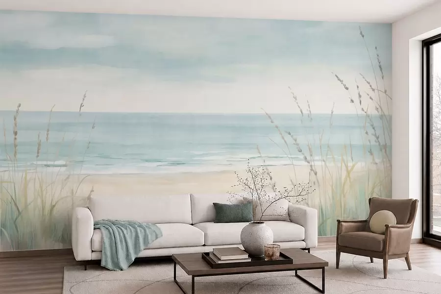 Papier peint Du sable parsemé de coquillages, une plage au relief doux et des herbes aux teintes pastel délicates w05821