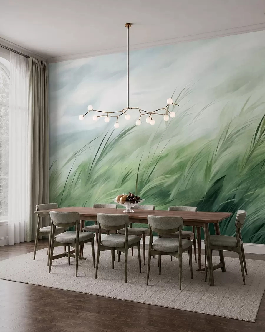 Papier peint Vert sauge, avec de délicates herbes qui se balancent doucement sous une brise légère w05853