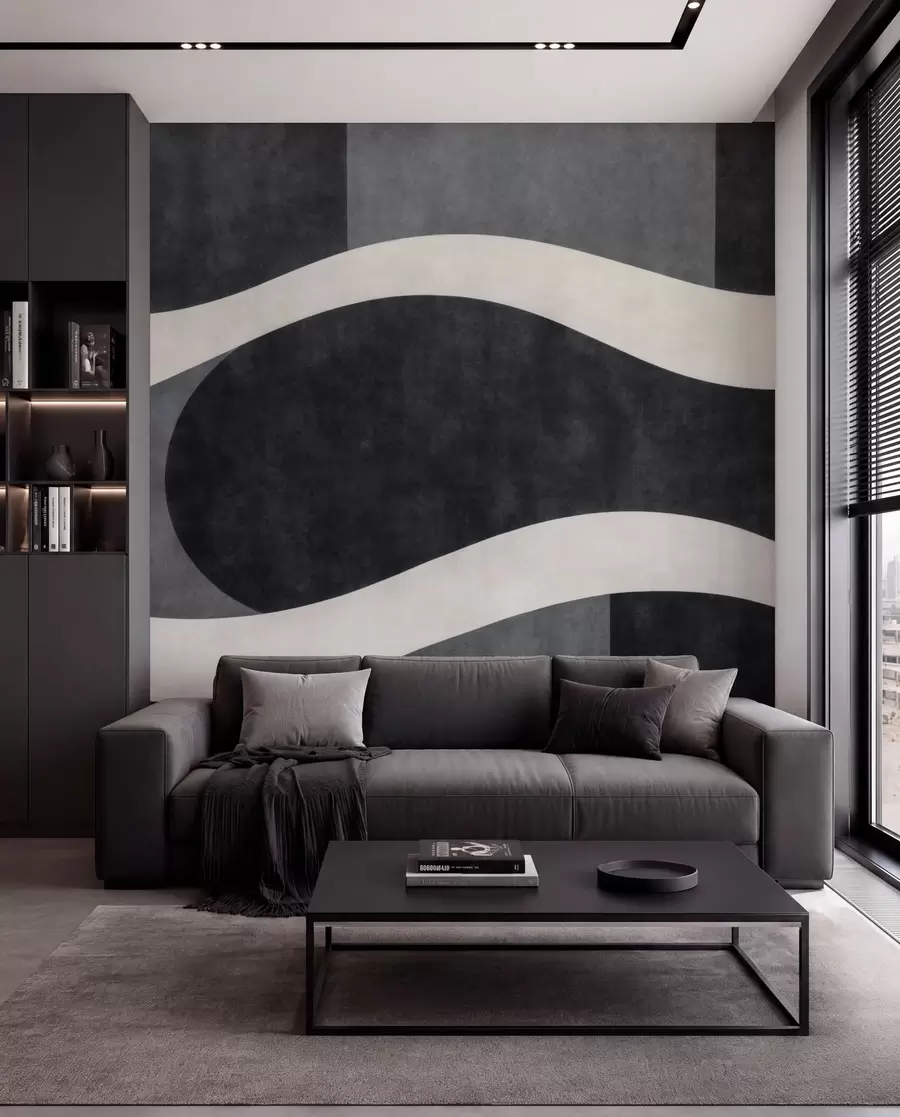 Papier peint Du graphite où des vagues claires et fluides se dessinent sur des formes d'un gris anthracite profond w05854
