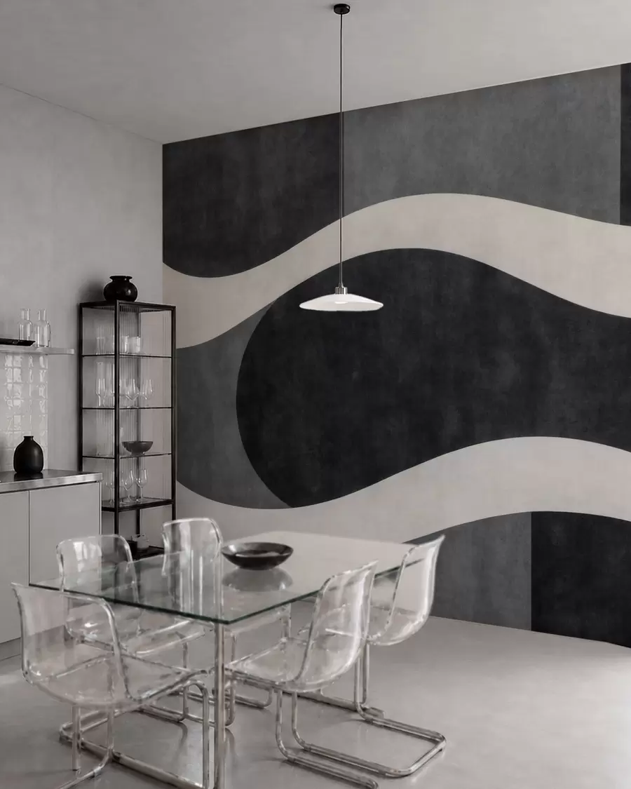 Papier peint Du graphite où des vagues claires et fluides se dessinent sur des formes d'un gris anthracite profond w05854