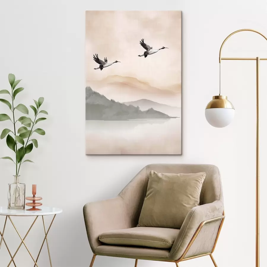 Tableau Fleurs de cerisier en pleine floraison et oiseaux dans les montagnes s50299