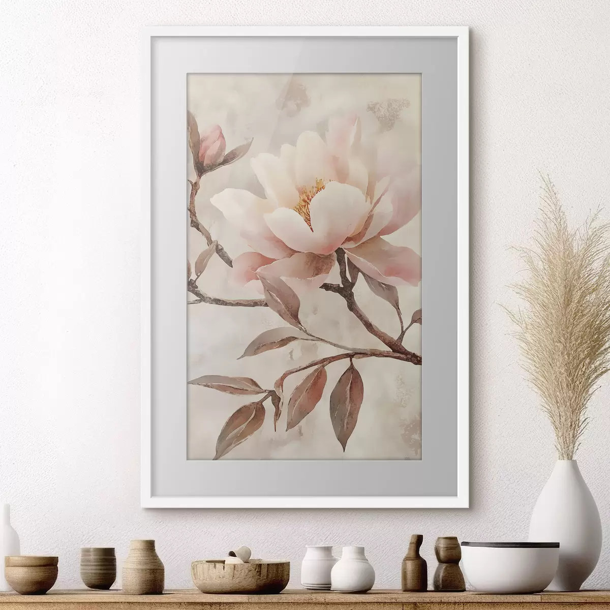 Poster Branche avec des pivoines et des feuilles f50292