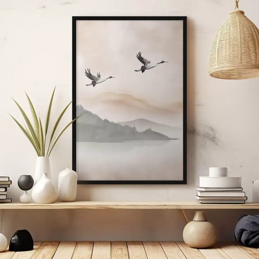 Papier peint Fleurs de cerisier en pleine floraison et oiseaux dans les montagnes f50299