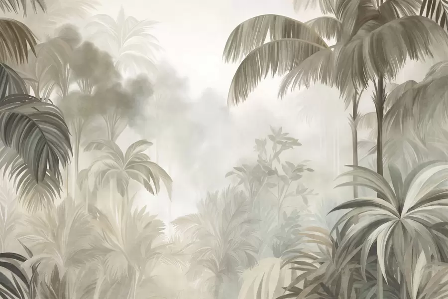 Papier peint Paysage de jungle texturé, avec des palmiers et une végétation luxuriante, dans un style doux et pictural w10016