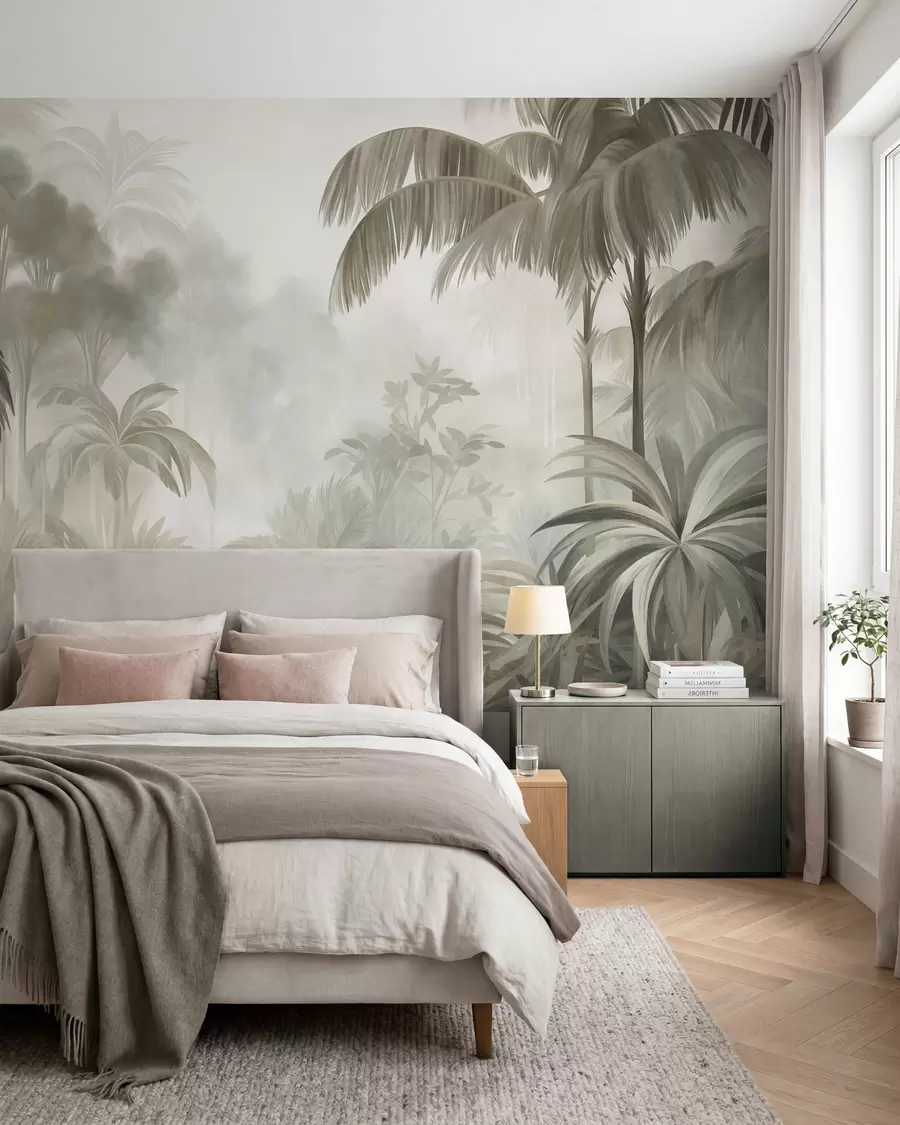 Papier peint Paysage de jungle texturé, avec des palmiers et une végétation luxuriante, dans un style doux et pictural w10016