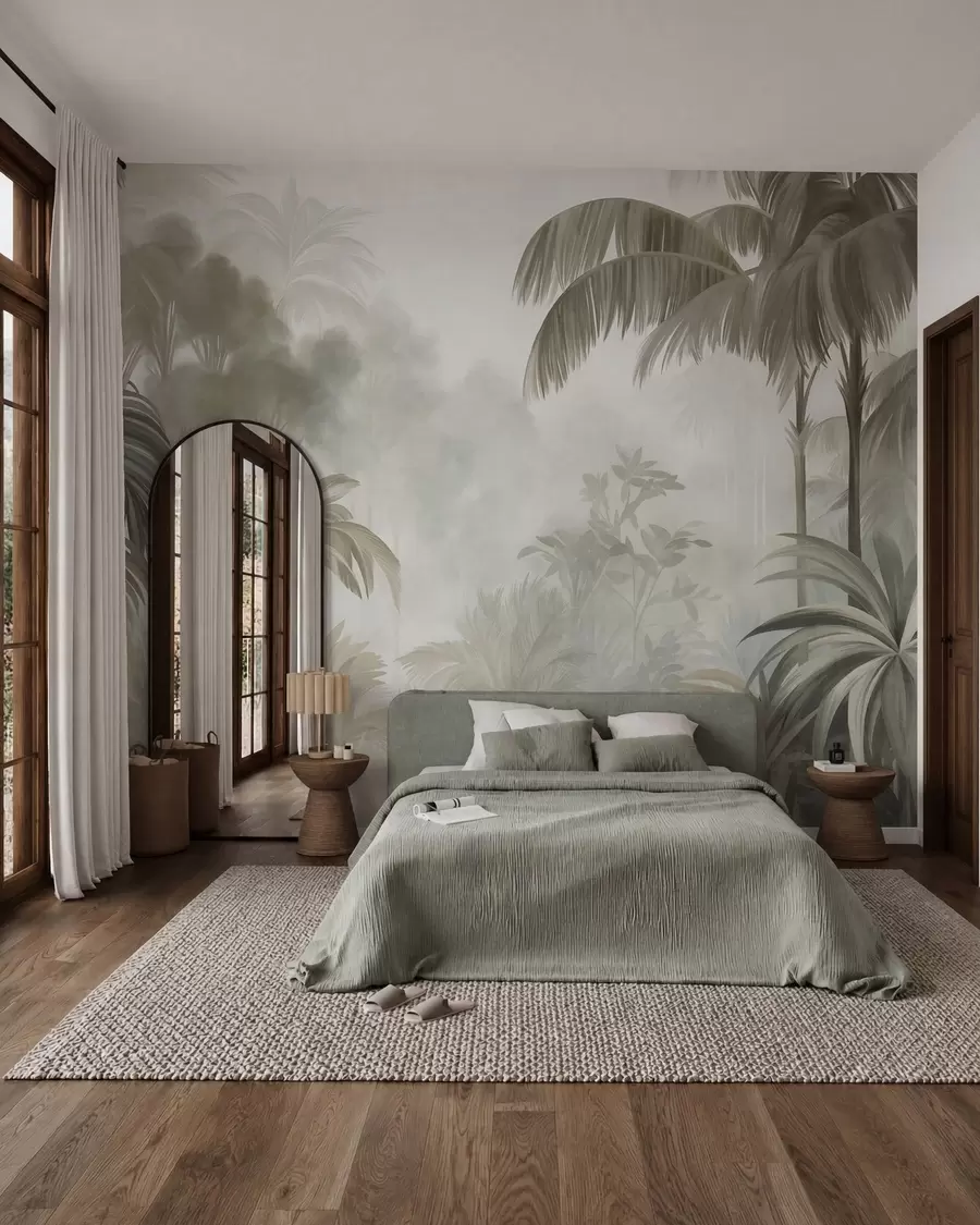 Papier peint Paysage de jungle texturé, avec des palmiers et une végétation luxuriante, dans un style doux et pictural w10016