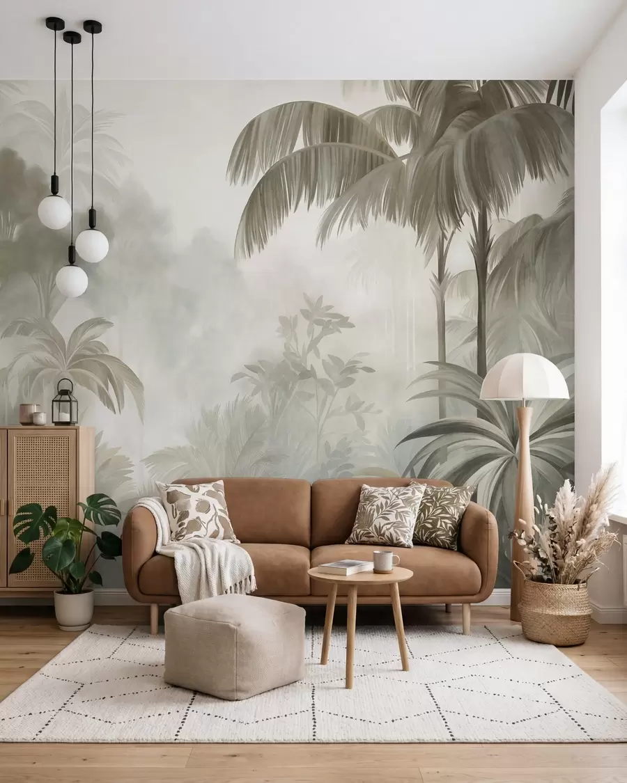 Papier peint Paysage de jungle texturé, avec des palmiers et une végétation luxuriante, dans un style doux et pictural w10016