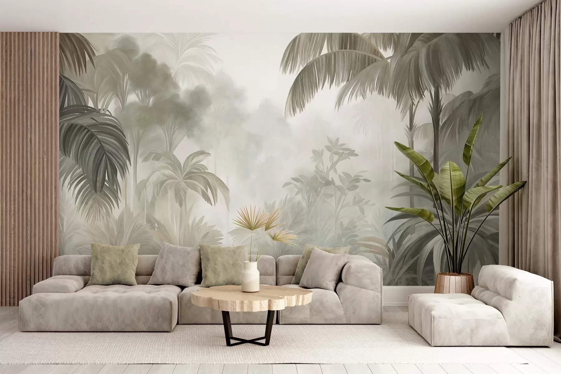 Papier peint Paysage de jungle texturé, avec des palmiers et une végétation luxuriante, dans un style doux et pictural w10016
