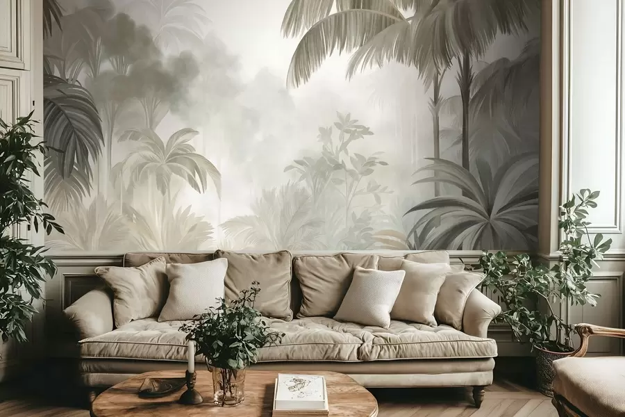 Papier peint Paysage de jungle texturé, avec des palmiers et une végétation luxuriante, dans un style doux et pictural w10016